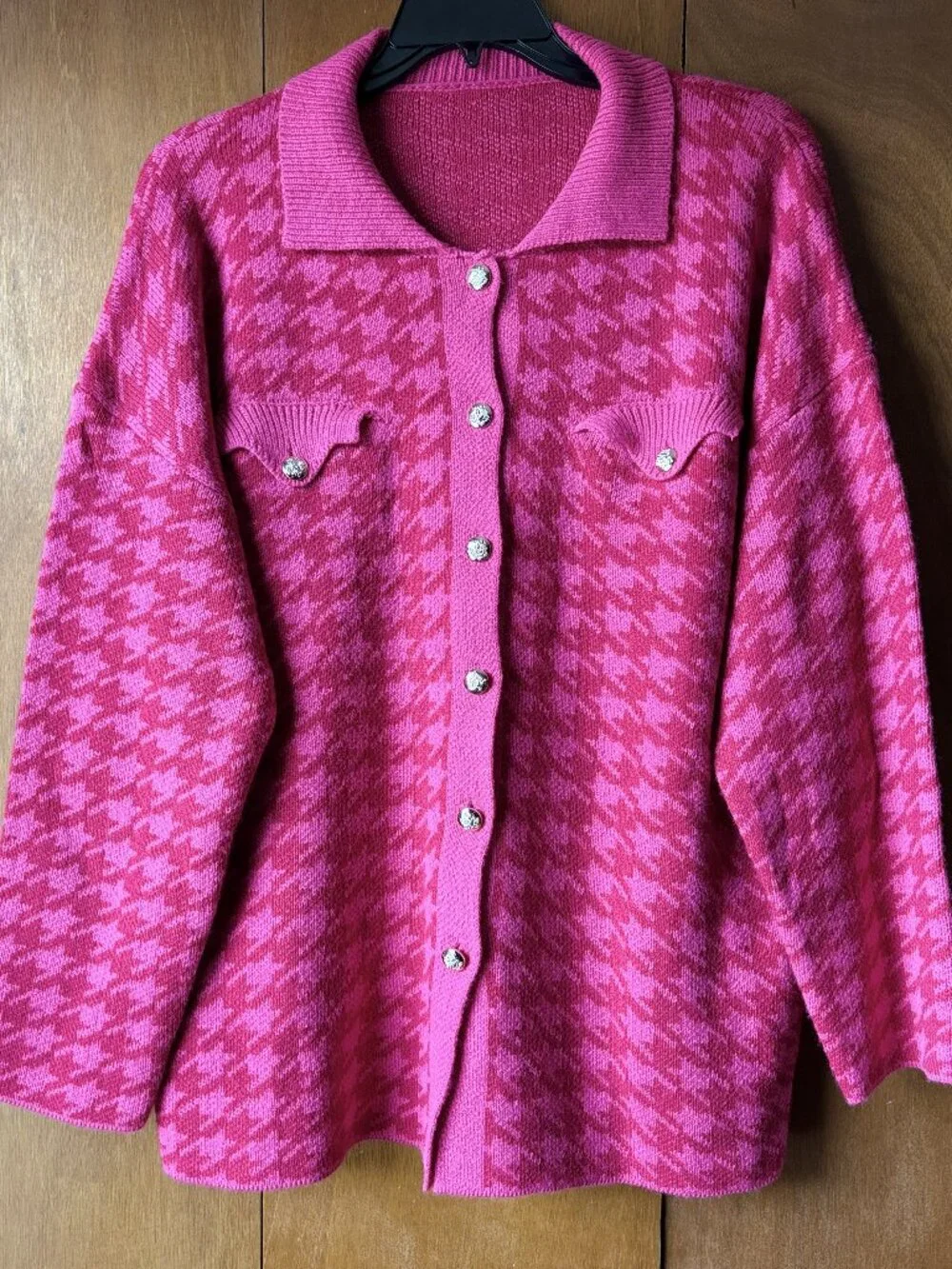 Houndstooth Print Hot Pink Cardigan Chic Sweater Jacket Large